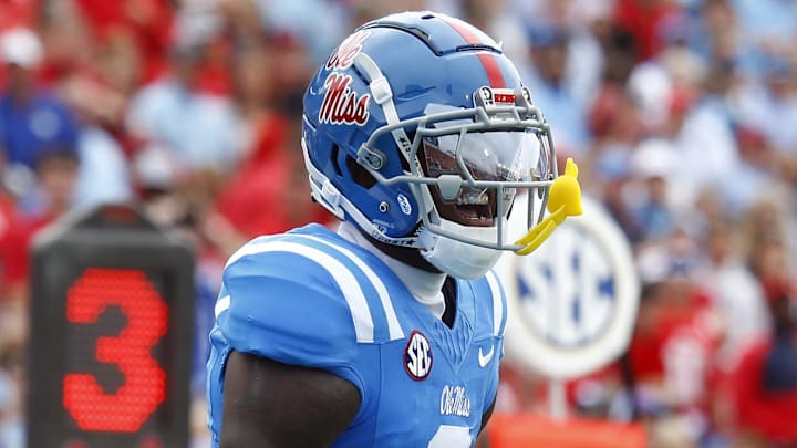 Sep 28, 2024; Oxford, Mississippi, USA; Mississippi Rebels defensive back Trey Amos (9) reacts after a pass breakup during the first half against the Kentucky Wildcats at Vaught-Hemingway Stadium. Mandatory Credit: Petre Thomas-Imagn Images