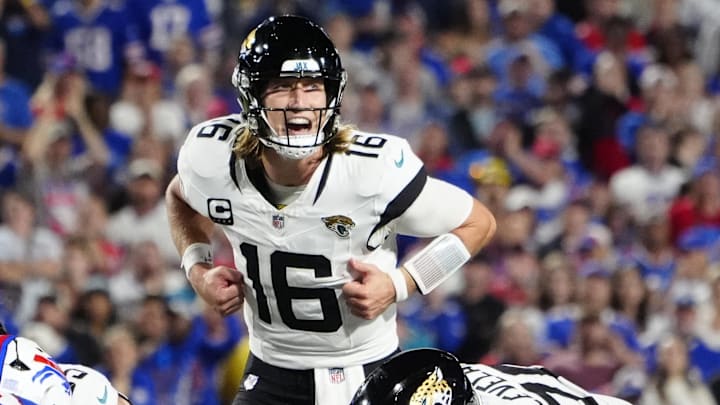Sep 23, 2024; Orchard Park, New York, USA; Jacksonville Jaguars quarterback Trevor Lawrence (16) calls signals against the Buffalo Bills during the second half at Highmark Stadium. Mandatory Credit: Gregory Fisher-Imagn Images