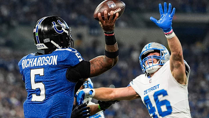 Detroit Lions linebacker Jack Campbell (46) pressures Indianapolis Colts quarterback Anthony Richardson (5) during the first half at Lucas Oil Stadium in Indianapolis, Ind. on Sunday, Nov. 24, 2024.