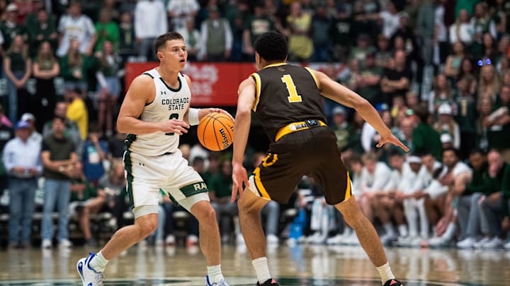 Colorado State's Brandon Rechsteiner controls the ball during the border war game against Wyoming at Moby Arena on Feb. 14, 2026, in Fort Collins, Colo. Colorado State's Brandon Rechsteiner controls the ball during the border war game against Wyoming at Moby Arena on Feb. 14, 2026, in Fort Collins, Colo.