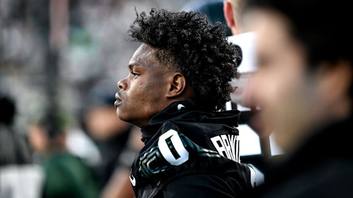 Michigan State's Charles Brantley looks on form the sideline after getting injured in the first half of the game against Indiana on Saturday, Nov. 2, 2024, at Spartan Stadium in East Lansing. Michigan State's Charles Brantley looks on form the sideline after getting injured in the first half of the game against Indiana on Saturday, Nov. 2, 2024, at Spartan Stadium in East Lansing.