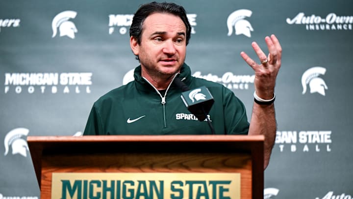 Michigan State coach Jonathan Smith talks the media on the first national signing day for college football recruits Wednesday, Dec. 4, 2024, at Spartan Stadium in East Lansing.