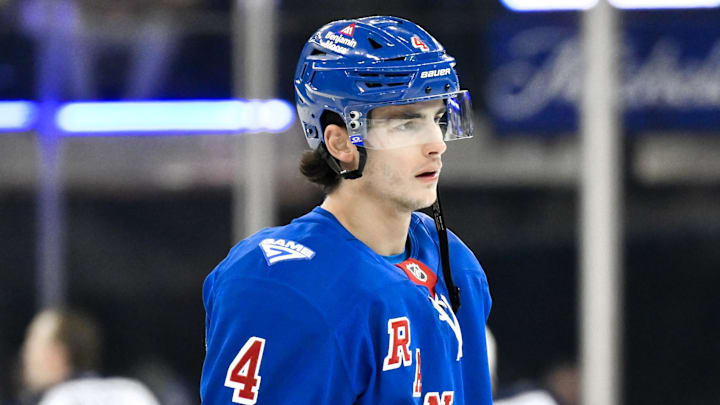 Mar 22, 2026; New York, New York, USA; New York Rangers defenseman Braden Schneider (4) warms up before a game against the Winnipeg Jets at Madison Square Garden. Mandatory Credit: John Jones-Imagn Images