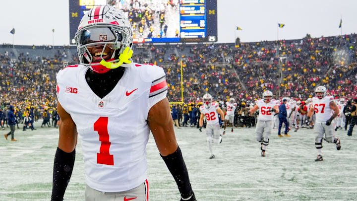 Ohio State Buckeyes cornerback Davison Igbinosun (1) celebrates after defeating the Michigan Wolverines in the NCAA football game at Michigan Stadium on Saturday, Nov. 29, 2025 in Ann Arbor, Michigan.