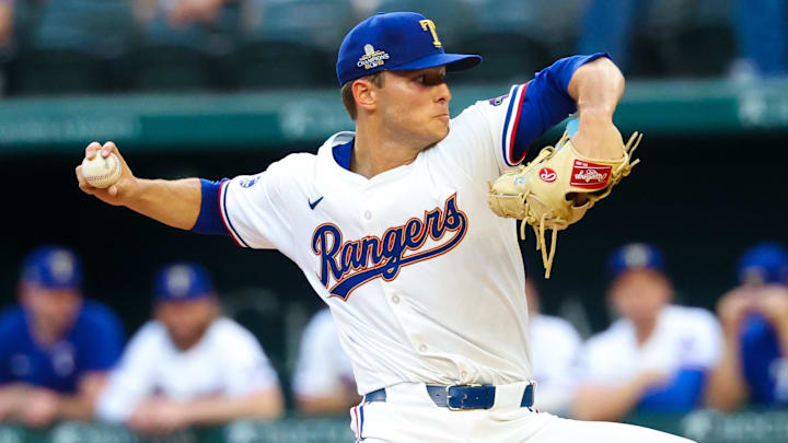 Texas Rangers starting pitcher Jack Leiter (35) throws during the first inning against the Cleveland Guardians at Globe Life Field.