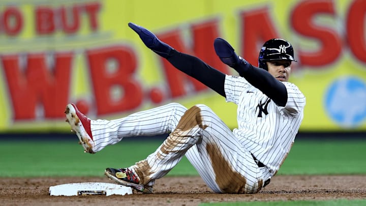 Oct 28, 2024; New York, New York, USA; New York Yankees outfielder Juan Soto (22) reacts after being called out during the sixth inning against the Los Angeles Dodgers in game three of the 2024 MLB World Series at Yankee Stadium. Mandatory Credit: Wendell Cruz-Imagn Images