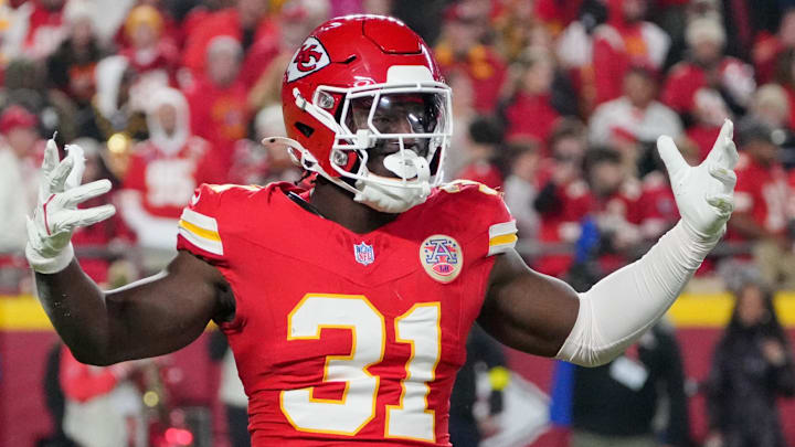 Kansas City Chiefs linebacker Jeffrey Bassa (31) reacts after a play against the Washington Commanders during the fourth quarter of the game at GEHA Field at Arrowhead Stadium.