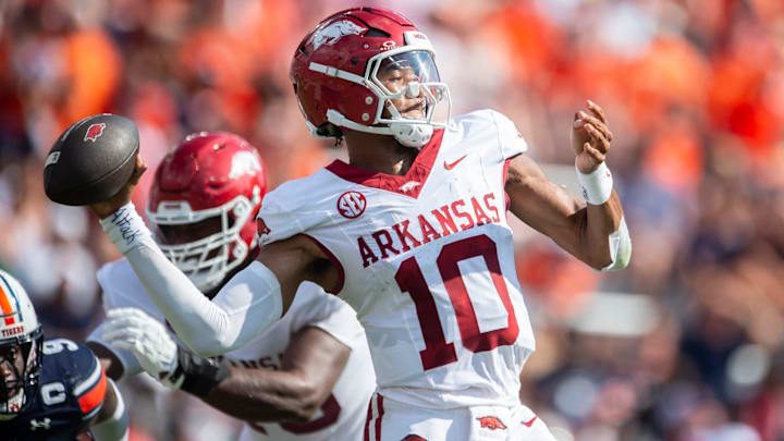 Arkansas Razorbacks quarterback Taylen Green throws a pass against the Auburn Tigers. Arkansas Razorbacks quarterback Taylen Green throws a pass against the Auburn Tigers.