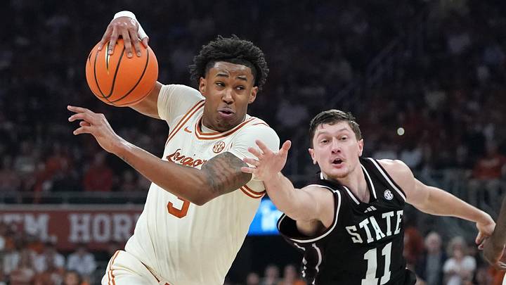 Jan 3, 2026; Austin, Texas, USA; Texas Longhorns guard Dailyn Swain (3) drives the ball to the basket against Mississippi State Bulldogs forward Sergej Macura (11) during the first half at Moody Center. Mandatory Credit: Dustin Safranek-Imagn Images
