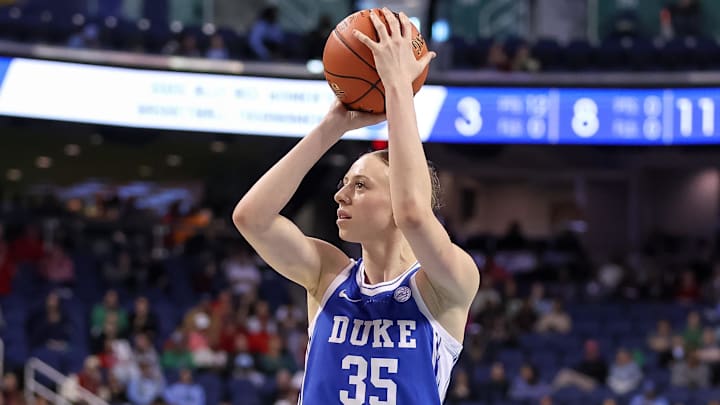 Mar 8, 2025; Greensboro, NC, USA; Duke Blue Devils forward Toby Fournier (35) shoots the ball during the second quarter against Notre Dame Fighting Irish at First Horizon Coliseum. Mar 8, 2025; Greensboro, NC, USA; Duke Blue Devils forward Toby Fournier (35) shoots the ball during the second quarter against Notre Dame Fighting Irish at First Horizon Coliseum.