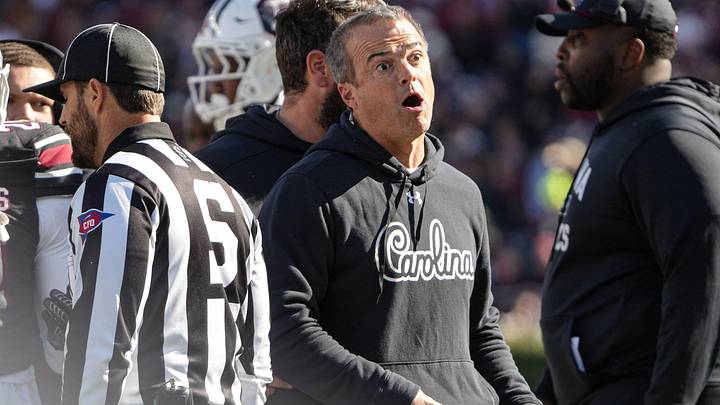 South Carolina Head Coach Shane Beamer disputes a pass interference call. South Carolina Head Coach Shane Beamer disputes a pass interference call.
