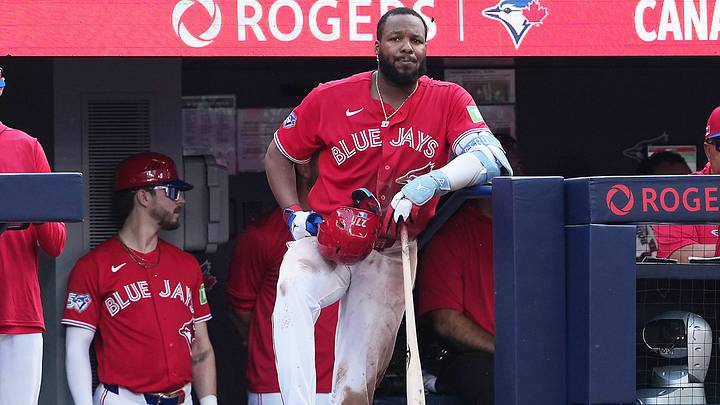 Jul 1, 2026; Toronto, Ontario, CAN; Toronto Blue Jays first baseman Vladimir Guerrero Jr. (27) waits for his turn at bat against the New York Mets during the sixth inning at Rogers Centre. Mandatory Credit: Nick Turchiaro-Imagn Images