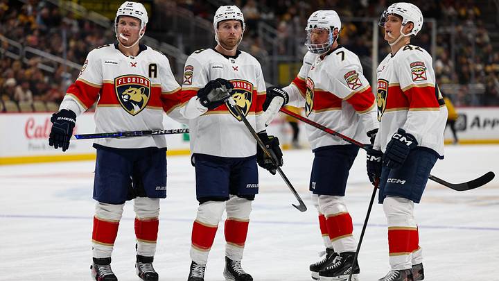 Apr 5, 2026; Pittsburgh, Pennsylvania, USA; Florida Panthers left wing Matthew Tkachuk (19), Florida Panthers center Sam Bennett (9), Florida Panthers defenseman Dmitry Kulikov (7), and Florida Panthers defenseman Gustav Forsling (42) look on against the Pittsburgh Penguins during the second period at PPG Paints Arena. Mandatory Credit: Mark Alberti-Imagn Images Apr 5, 2026; Pittsburgh, Pennsylvania, USA; Florida Panthers left wing Matthew Tkachuk (19), Florida Panthers center Sam Bennett (9), Florida Panthers defenseman Dmitry Kulikov (7), and Florida Panthers defenseman Gustav Forsling (42) look on against the Pittsburgh Penguins during the second period at PPG Paints Arena. Mandatory Credit: Mark Alberti-Imagn Images