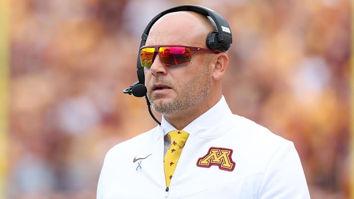 Sep 14, 2024; Minneapolis, Minnesota, USA; Minnesota Golden Gophers head coach P.J. Fleck looks on during the first half against the Nevada Wolf Pack at Huntington Bank Stadium. Mandatory Credit: Matt Krohn-Imagn Images