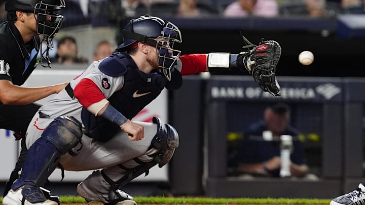 Sep 12, 2024; Bronx, New York, USA; Boston Red Sox catcher Danny Jansen (28) catches a pitch against the New York Yankees during the fourth inning at Yankee Stadium. Mandatory Credit: Gregory Fisher-Imagn Images Sep 12, 2024; Bronx, New York, USA; Boston Red Sox catcher Danny Jansen (28) catches a pitch against the New York Yankees during the fourth inning at Yankee Stadium. Mandatory Credit: Gregory Fisher-Imagn Images