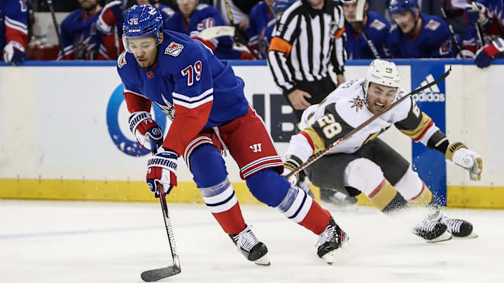 Jan 27, 2023; New York, New York, USA; New York Rangers defenseman K'Andre Miller (79) and Vegas
