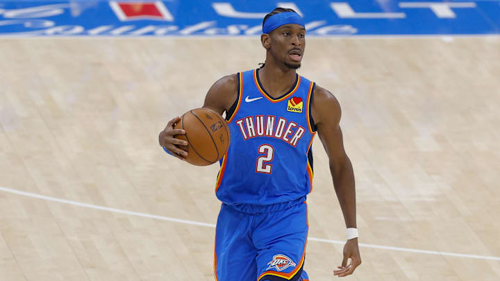 Jun 8, 2025; Oklahoma City, Oklahoma, USA; Oklahoma City Thunder guard Shai Gilgeous-Alexander (2) brings the ball up court against the Indiana Pacers during the first quarter of game two of the 2025 NBA Finals at Paycom Center. Jun 8, 2025; Oklahoma City, Oklahoma, USA; Oklahoma City Thunder guard Shai Gilgeous-Alexander (2) brings the ball up court against the Indiana Pacers during the first quarter of game two of the 2025 NBA Finals at Paycom Center.