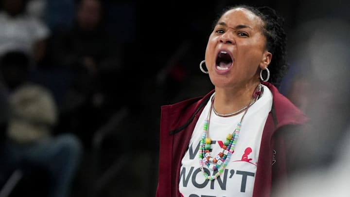 South Carolina's head coach Dawn Staley reacts during the game between South Carolina and Memphis in the Hoops for St. Jude Tip Off Classic at FedExForum on Tuesday, October 15, 2024.