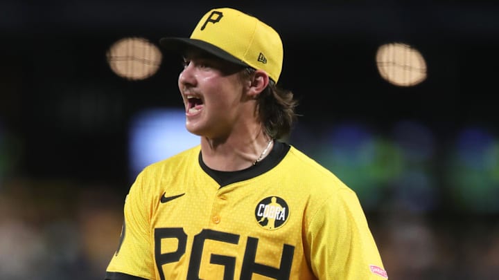 Aug 22, 2025; Pittsburgh, Pennsylvania, USA; Pittsburgh Pirates relief pitcher Bubba Chandler (57) reacts after pitching the sixth inning in his major league debut against the Colorado Rockies at PNC Park. Mandatory Credit: Charles LeClaire-Imagn Images