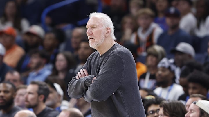Oct 30, 2024; Oklahoma City, Oklahoma, USA; San Antonio Spurs head coach Gregg Popovich watches his team play against the Oklahoma City Thunder during the second half at Paycom Center. Mandatory Credit: Alonzo Adams-Imagn Images