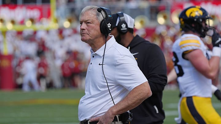 Iowa football head coach Kirk Ferentz watches the game from side line against Iowa State during the second quarter in the Cy-Hawk Series at Jack Trice Stadium on Sept. 6, 2025, in Ames, Iowa
