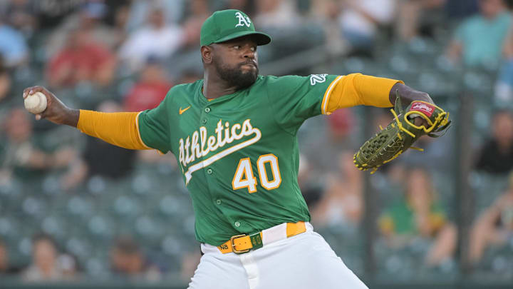 Jul 11, 2025; West Sacramento, California, USA; Athletics pitcher Luis Severino (40) throws a pitch against the Toronto Blue Jays during the third inning at Sutter Health Park. Mandatory Credit: Ed Szczepanski-Imagn Images