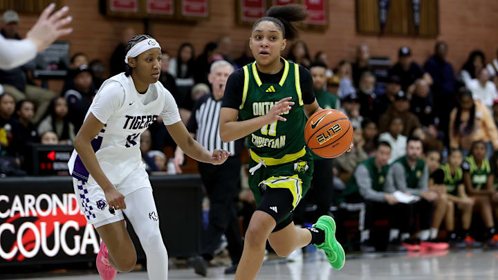 Kaleena Smith, the nation's top-ranked 2027 girls basketball player, scored 24 points and had seven assists, leading national No. 3 Ontario Christian to a 93-45 win over Millennium in the first day of the of the Sabrina Ionescu Showcase at Carondelet High School. Mitty will play in the second national showdown with Ontario Christian Saturday two weeks after the the Monarchs thumped the Knights 59-34. Ontario Christian is hoping for a major turnaround. 