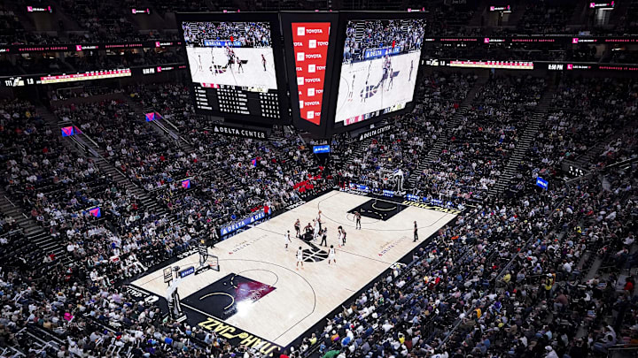 Oct 14, 2023;  Salt Lake City, Utah, USA; Fans fill the stands in the second half as the Utah Jazz face the Portland Trail Blazers at Delta Center. Mandatory Credit: Gabriel Mayberry-Imagn Images