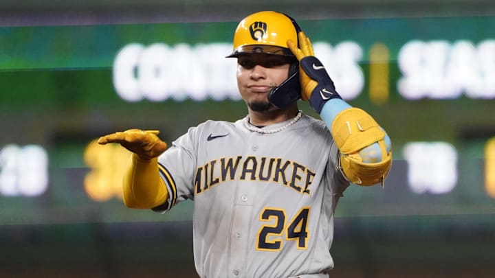 Aug 28, 2023; Chicago, Illinois, USA; Milwaukee Brewers catcher William Contreras (24) gestures