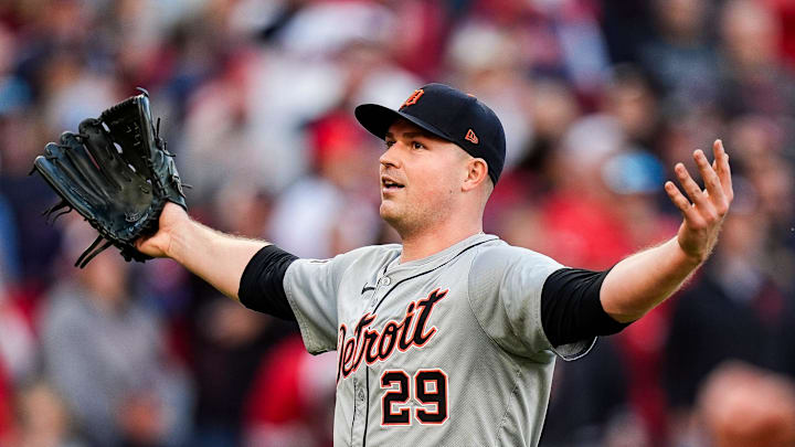 Detroit Tigers pitcher Tarik Skubal (29) celebrates after a double play against Cleveland Guardians in the sixth inning of Game 2 of ALDS at Progressive Field in Cleveland, Ohio on Monday, Oct. 7, 2024.