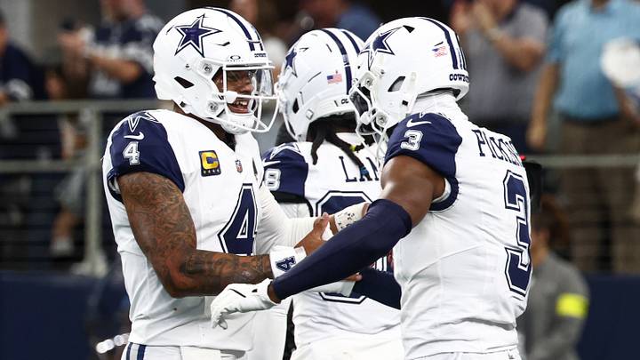 Dallas Cowboys quarterback Dak Prescott (4) and wide receiver George Pickens (3) ceelbrate after a touchdown against the Washington Commanders during the third quarter of the game at AT&T Stadium. Mandatory Credit: Kevin Jairaj-Imagn Images Dallas Cowboys quarterback Dak Prescott (4) and wide receiver George Pickens (3) ceelbrate after a touchdown against the Washington Commanders during the third quarter of the game at AT&T Stadium. Mandatory Credit: Kevin Jairaj-Imagn Images