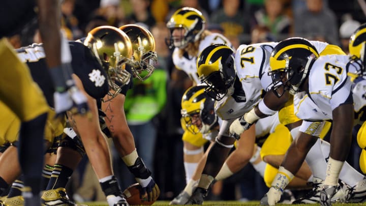 Sep 22, 2012; South Bend, IN, USA; The Notre Dame Fighting Irish and the Michigan Wolverines line up at the line of scrimmage in the third quarter at Notre Dame Stadium. Notre Dame won 13-6.