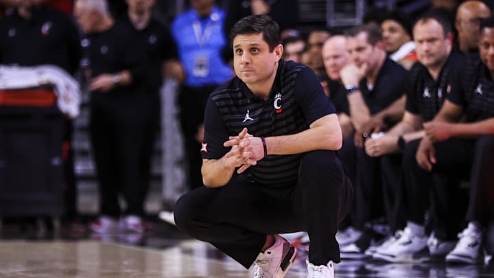 Mar 5, 2025; Cincinnati, Ohio, USA; Cincinnati Bearcats head coach Wes Miller during the second half against the Kansas State Wildcats at Fifth Third Arena. Mandatory Credit: Katie Stratman-Imagn Images