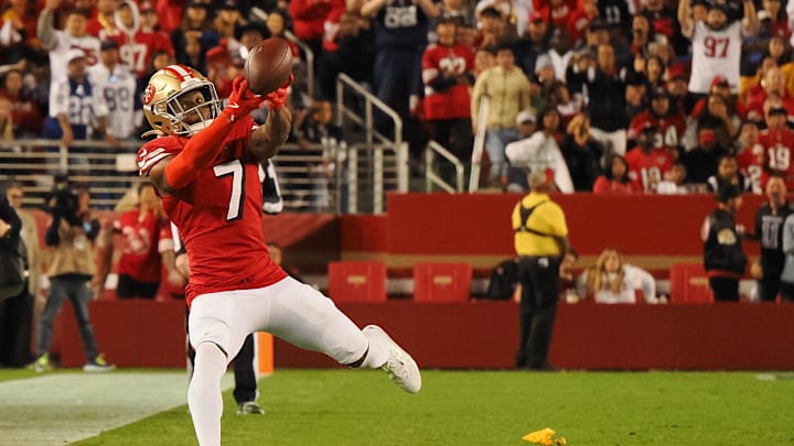 Oct 27, 2024; Santa Clara, California, USA; San Francisco 49ers cornerback Charvarius Ward (7) attempts to gather the ball on a Dallas Cowboys incomplete pass during the fourth quarter at Levi's Stadium. Mandatory Credit: Kelley L Cox-Imagn Images Oct 27, 2024; Santa Clara, California, USA; San Francisco 49ers cornerback Charvarius Ward (7) attempts to gather the ball on a Dallas Cowboys incomplete pass during the fourth quarter at Levi's Stadium. Mandatory Credit: Kelley L Cox-Imagn Images