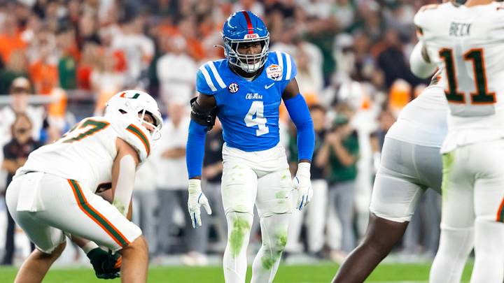 Mississippi Rebels linebacker Suntarine Perkins against the Miami Hurricanes during the 2026 Fiesta Bowl and semifinal game of the College Football Playoff at State Farm Stadium. Mississippi Rebels linebacker Suntarine Perkins against the Miami Hurricanes during the 2026 Fiesta Bowl and semifinal game of the College Football Playoff at State Farm Stadium.