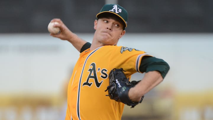 October 10, 2013; Oakland, CA, USA; Oakland Athletics starting pitcher Sonny Gray (54) delivers a pitch against the Detroit Tigers during the fourth inning in game five of the American League divisional series playoff baseball game at O.co Coliseum. Mandatory Credit: Kyle Terada-Imagn Images