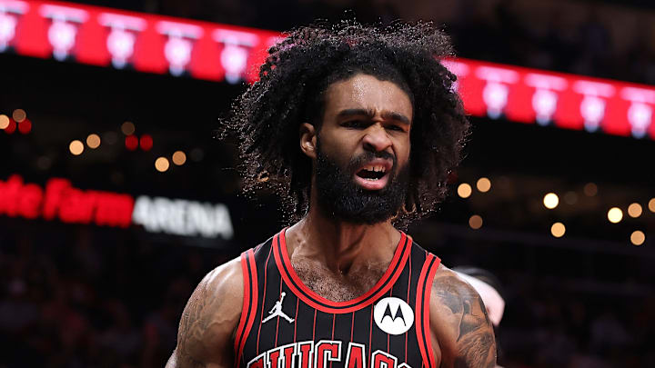 Coby White reacts to a play during a game between the Chicago Bulls and Atlanta Hawks.