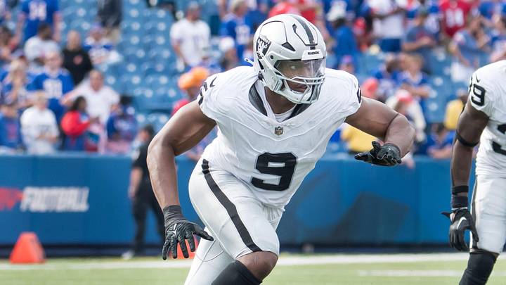 Sep 17, 2023; Orchard Park, New York, USA; Las Vegas Raiders defensive end Tyree Wilson (9) rushes Sep 17, 2023; Orchard Park, New York, USA; Las Vegas Raiders defensive end Tyree Wilson (9) rushes