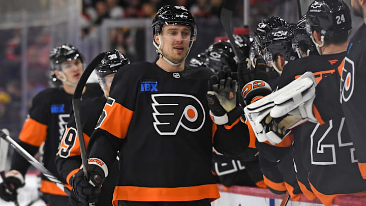 Feb 25, 2025; Philadelphia, Pennsylvania, USA; Philadelphia Flyers defenseman Rasmus Ristolainen (55) celebrates his goal with teammates against the Pittsburgh Penguins during the first period at Wells Fargo Center. Mandatory Credit: Eric Hartline-Imagn Images