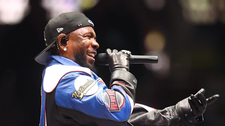 Recording artist Kendrick Lamar performs during the halftime show of Super Bowl LIX between the Philadelphia Eagles and the Kansas City Chiefs at Ceasars Superdome in 2025.