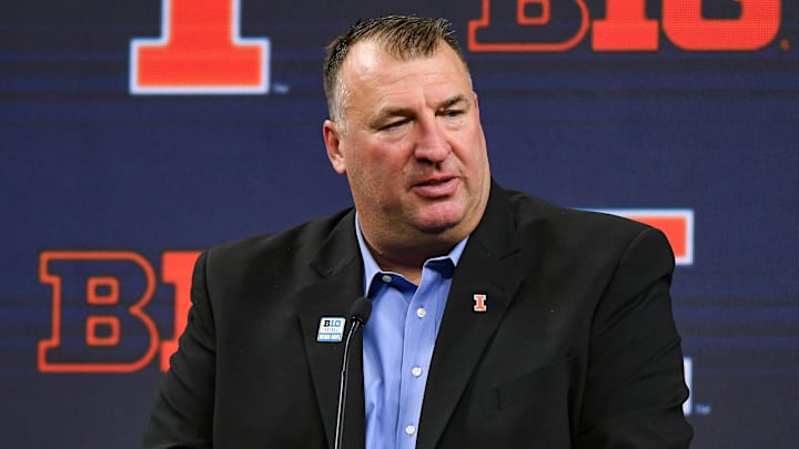 Jul 26, 2023; Indianapolis, IN, USA;  Illinois Fighting Illini head coach Bret Bielema speaks to the