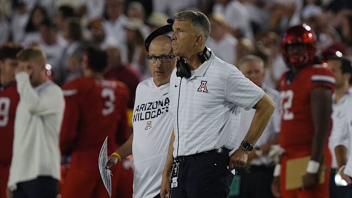 Arizona wildcats’ head coach Brent Brennan watches the game from the side line during the fourth quarter against Iowa State in the Big-12 conference showdown on Sept. 27, 2025, at Jack Trice Stadium in Ames, Iowa. Arizona wildcats’ head coach Brent Brennan watches the game from the side line during the fourth quarter against Iowa State in the Big-12 conference showdown on Sept. 27, 2025, at Jack Trice Stadium in Ames, Iowa.