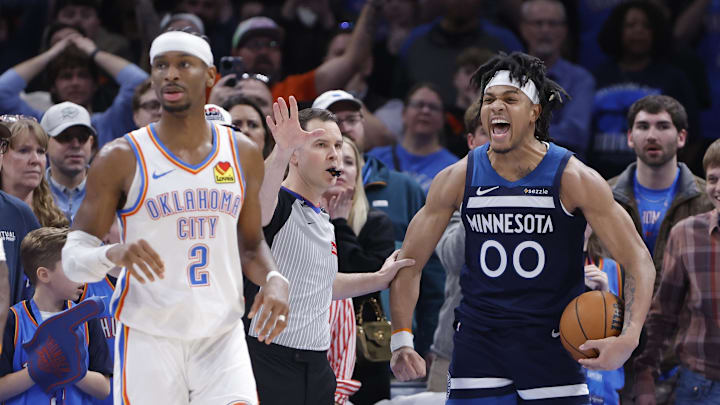 Feb 24, 2025; Oklahoma City, Oklahoma, USA; Minnesota Timberwolves guard Terrence Shannon Jr. (00) reacts after a play against the Oklahoma City Thunder during the second half at Paycom Center. Feb 24, 2025; Oklahoma City, Oklahoma, USA; Minnesota Timberwolves guard Terrence Shannon Jr. (00) reacts after a play against the Oklahoma City Thunder during the second half at Paycom Center.