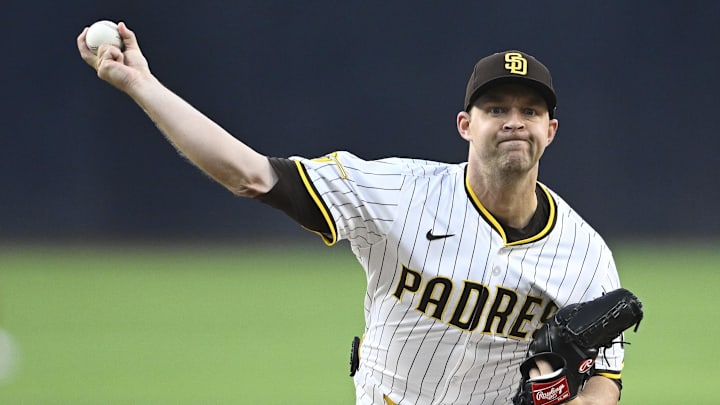 May 12, 2025; San Diego, California, USA; San Diego Padres starting pitcher Michael King (34) delivers during the first inning against the Los Angeles Angels at Petco Park. Mandatory Credit: Denis Poroy-Imagn Images