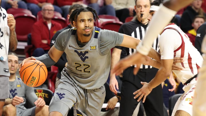 Feb 24, 2024; Ames, Iowa, USA; Iowa State Cyclones guard Tamin Lipsey (3) defends West Virginia