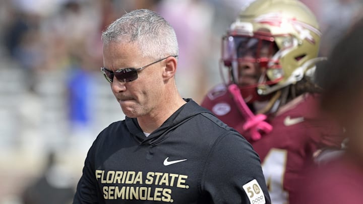 Oct 11, 2025; Tallahassee, Florida, USA; Florida State Seminoles head coach Mike Norvell after losing the game to the Pittsburgh Panthers at Doak S. Campbell Stadium. Mandatory Credit: Melina Myers-Imagn Images