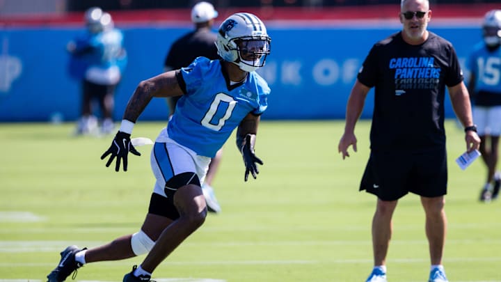Jul 23, 2025; Charlotte, NC, USA; Carolina Panthers tight end Ja'Tavion Sanders (0) runs a route during training camp