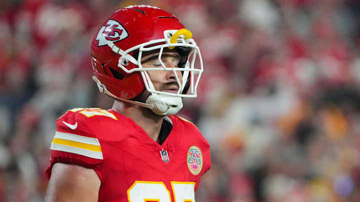 Oct 27, 2025; Kansas City, Missouri, USA; Kansas City Chiefs tight end Travis Kelce (87) reacts after an interception by the Washington Commanders during the second quarter of the game at GEHA Field at Arrowhead Stadium. Mandatory Credit: Denny Medley-Imagn Images Oct 27, 2025; Kansas City, Missouri, USA; Kansas City Chiefs tight end Travis Kelce (87) reacts after an interception by the Washington Commanders during the second quarter of the game at GEHA Field at Arrowhead Stadium. Mandatory Credit: Denny Medley-Imagn Images