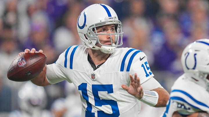 Nov 3, 2024; Minneapolis, Minnesota, USA; Indianapolis Colts quarterback Joe Flacco (15) passes against the Minnesota Vikings in the first quarter at U.S. Bank Stadium. Mandatory Credit: Brad Rempel-Imagn Images