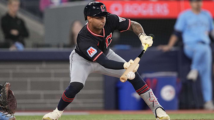 May 4, 2025; Toronto, Ontario, CAN; Cleveland Guardians pinch hitter Brayan Rocchio (4) gets out after three unsuccessful bunt attempts against the Toronto Blue Jays during the ninth inning at Rogers Centre. Mandatory Credit: John E. Sokolowski-Imagn Images May 4, 2025; Toronto, Ontario, CAN; Cleveland Guardians pinch hitter Brayan Rocchio (4) gets out after three unsuccessful bunt attempts against the Toronto Blue Jays during the ninth inning at Rogers Centre. Mandatory Credit: John E. Sokolowski-Imagn Images